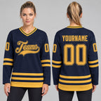 Custom Navy Hockey Jersey with Old Gold Lettering worn by female model
