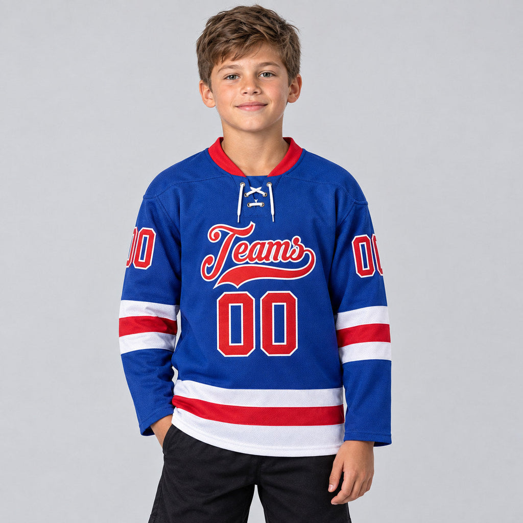 Custom Royal Lace Neck Hockey Jersey with Red and White Lettering youth size worn by child model