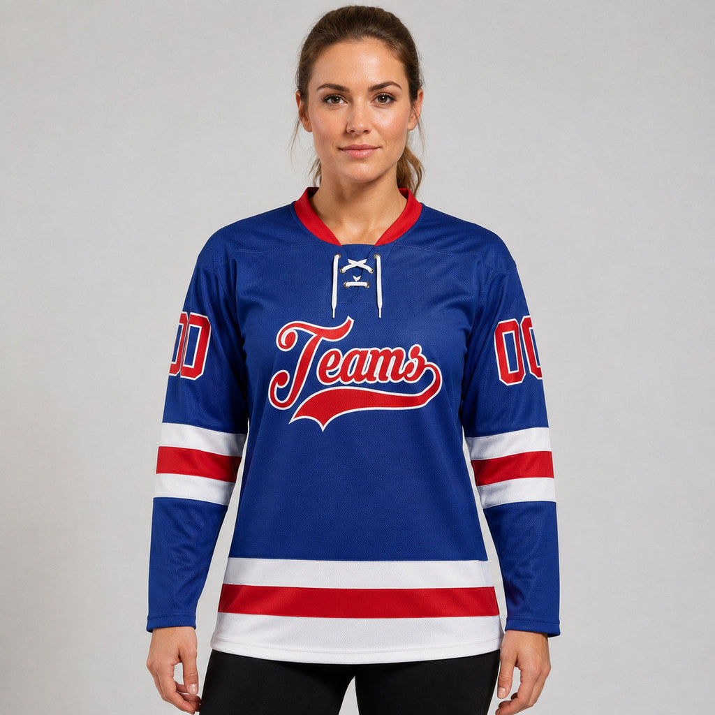 Custom Royal Lace Neck Hockey Jersey with Red and White Lettering worn by female model