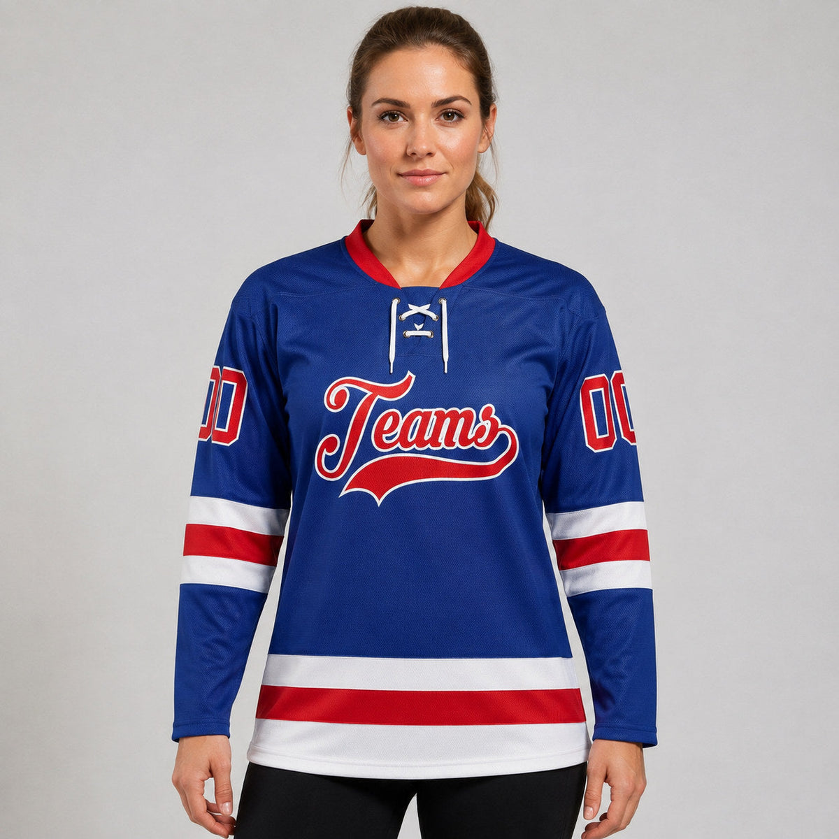 Custom Royal Lace Neck Hockey Jersey with Red and White Lettering worn by female model