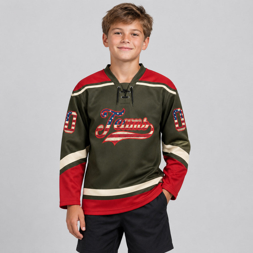 Custom Olive Vintage USA Flag Salute Lace Neck Hockey Jersey with Red and Cream Lettering youth size worn by child model