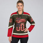 Custom Olive Vintage USA Flag Salute Lace Neck Hockey Jersey with Red and Cream Lettering worn by female model