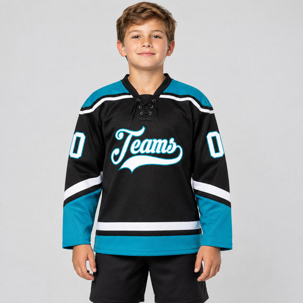 Custom Black Lace Neck Hockey Jersey with White and Teal Lettering youth size worn by child model