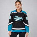 Custom Black Lace Neck Hockey Jersey with White and Teal Lettering worn by female model