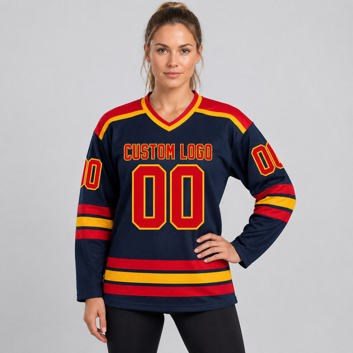 Custom Navy Hockey Jersey with Red and Gold Lettering Design 0457 worn by female model