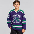 Custom Purple Hockey Jersey with White and Kelly Green Lettering Design 0285 youth size worn by child model