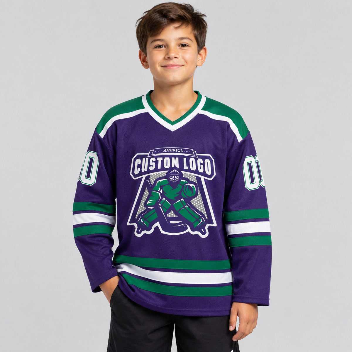 Custom Purple Hockey Jersey with White and Kelly Green Lettering Design 0285 youth size worn by child model