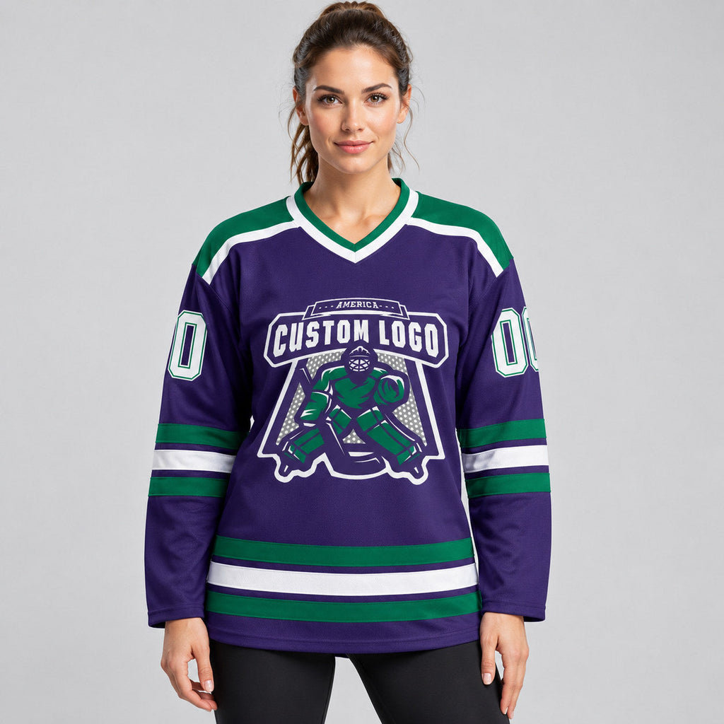 Custom Purple Hockey Jersey with White and Kelly Green Lettering Design 0285 worn by female model