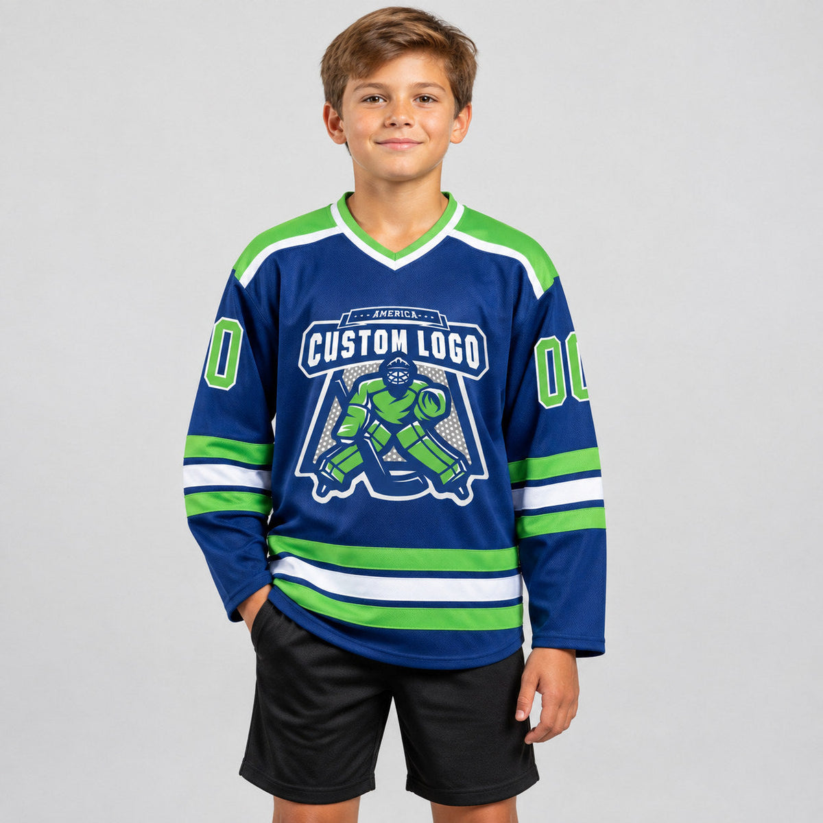Custom Royal Hockey Jersey with Neon Green and White Lettering youth size worn by child model