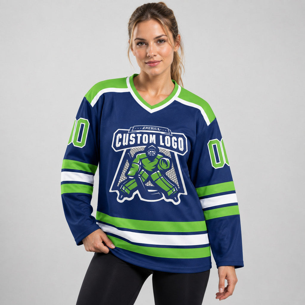 Custom Royal Hockey Jersey with Neon Green and White Lettering worn by female model