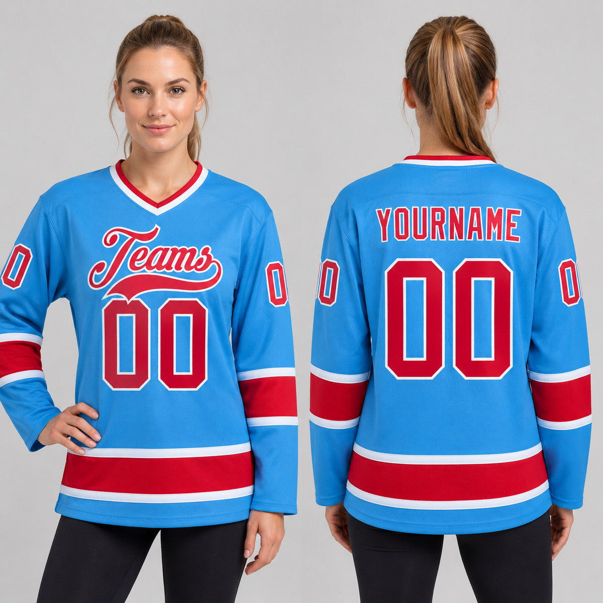 Custom Powder Blue Hockey Jersey with Red and White Lettering Design 0119 worn by female model