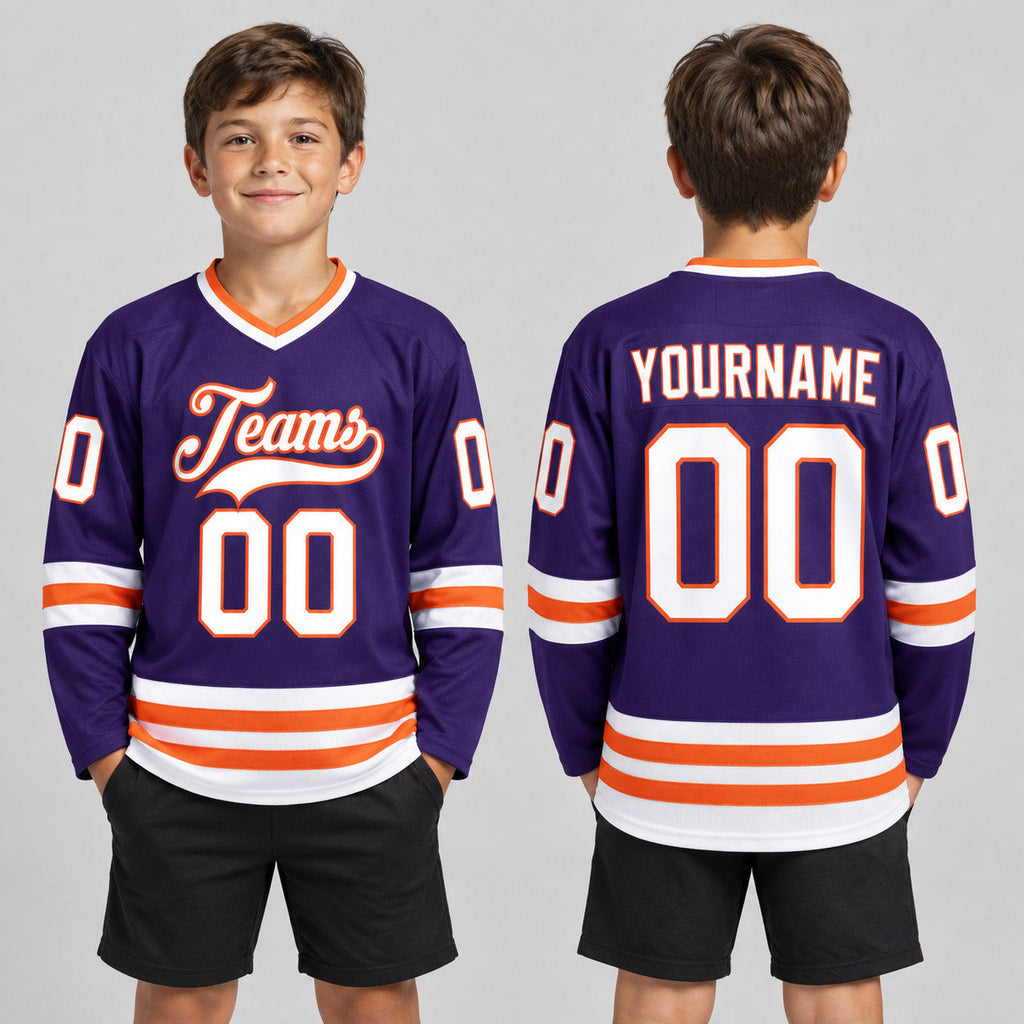 Custom Purple Hockey Jersey with White and Orange Lettering youth size worn by child model