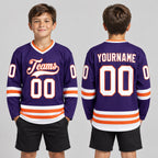 Custom Purple Hockey Jersey with White and Orange Lettering youth size worn by child model