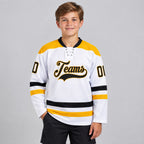 Custom White Lace Neck Hockey Jersey with Black and Gold Lettering Design 1949 youth size worn by child model