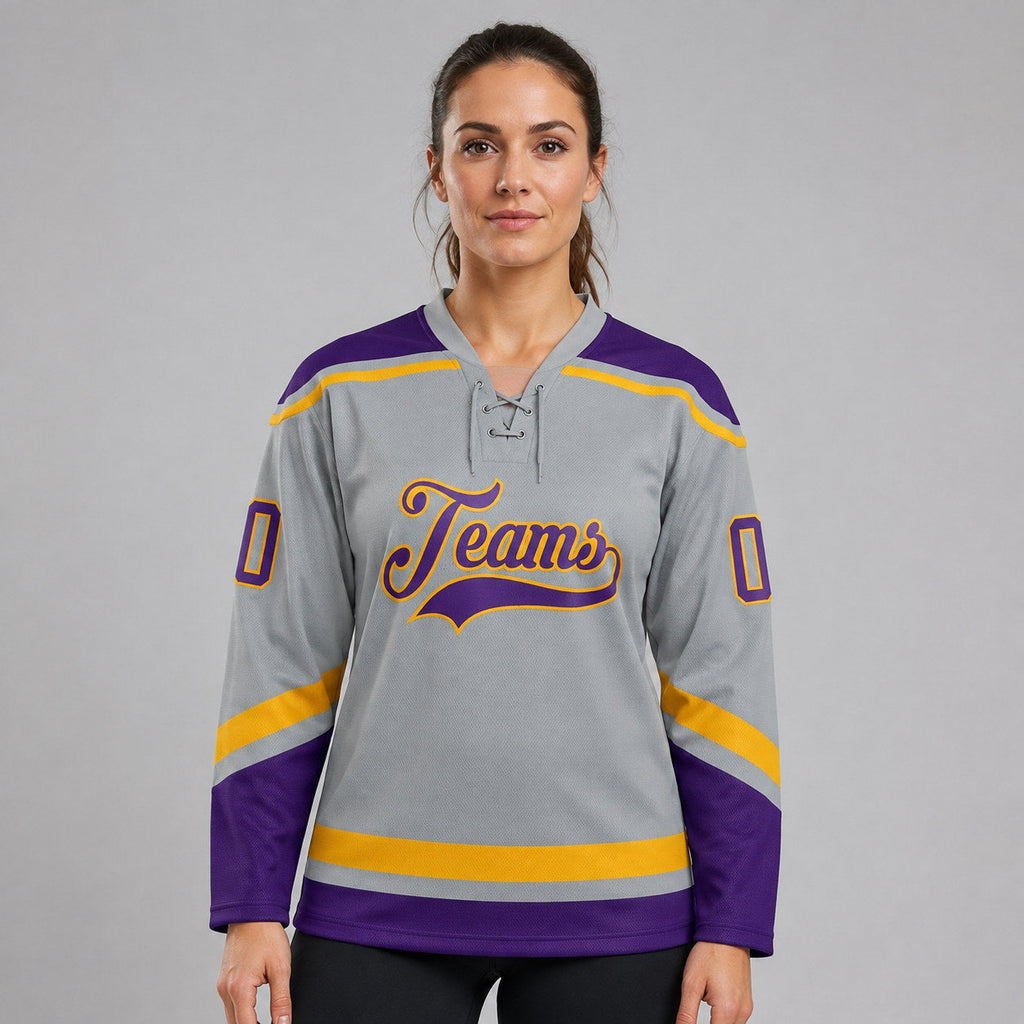 Custom Gray Lace Neck Hockey Jersey with Purple and Gold Lettering worn by female model
