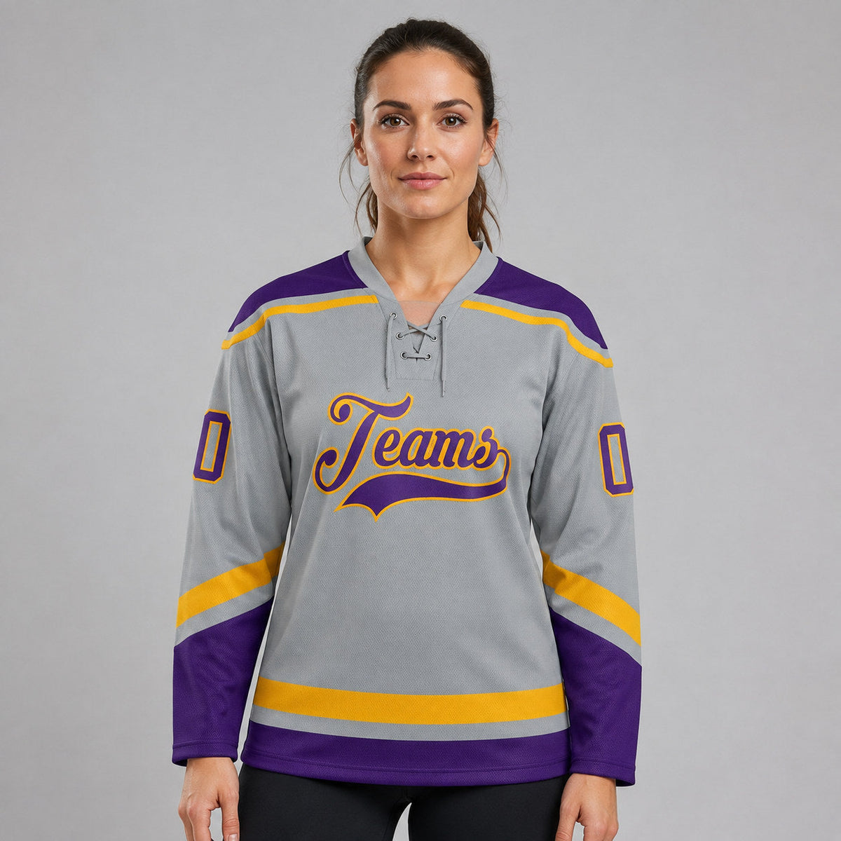 Custom Gray Lace Neck Hockey Jersey with Purple and Gold Lettering worn by female model