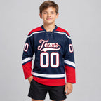 Custom Navy Lace Neck Hockey Jersey with White and Red Lettering Design 0652 youth size worn by child model
