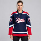 Custom Navy Lace Neck Hockey Jersey with White and Red Lettering Design 0652 worn by female model
