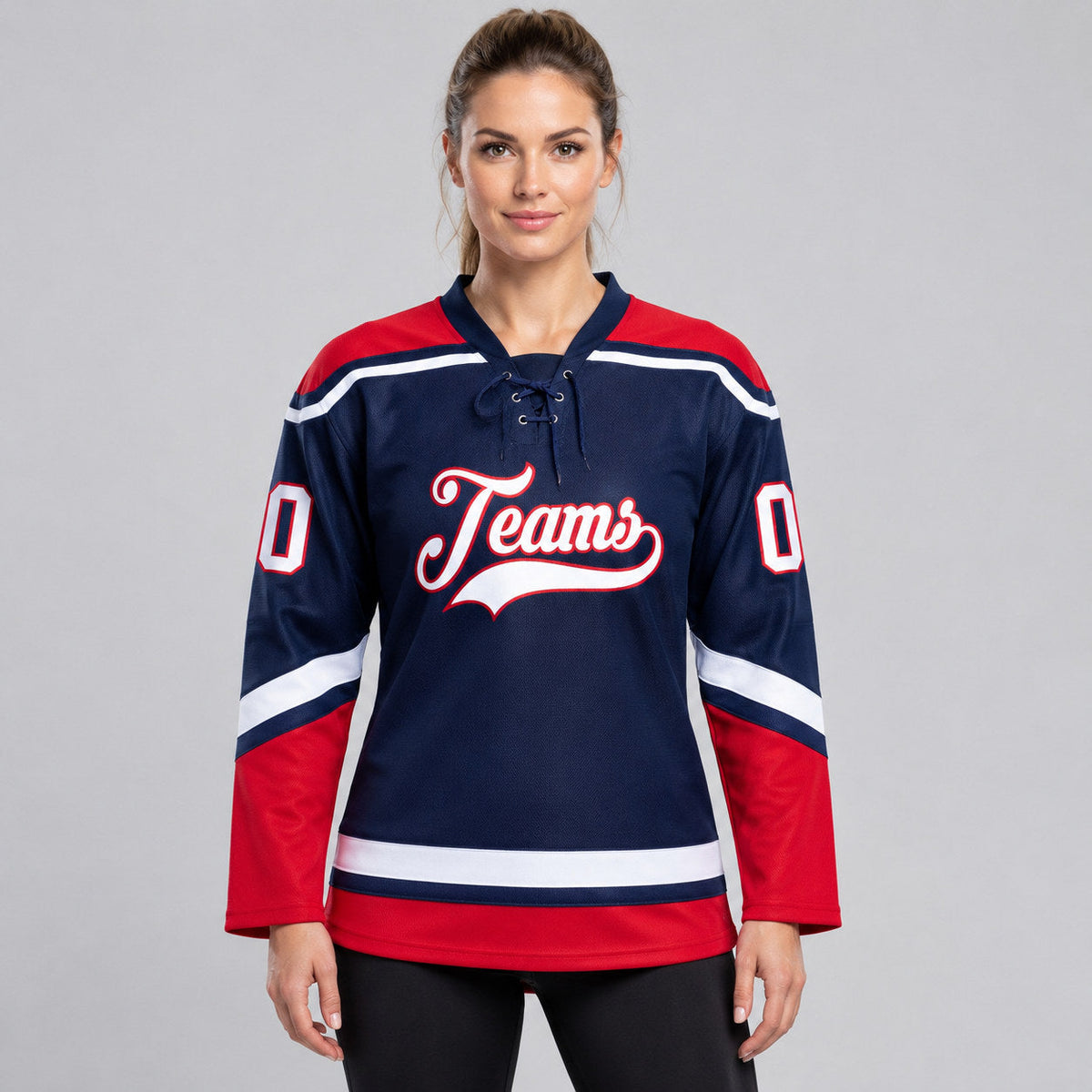 Custom Navy Lace Neck Hockey Jersey with White and Red Lettering Design 0652 worn by female model