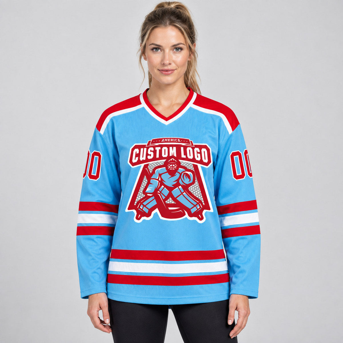 Custom Sky Blue Hockey Jersey with Red and White Lettering worn by female model