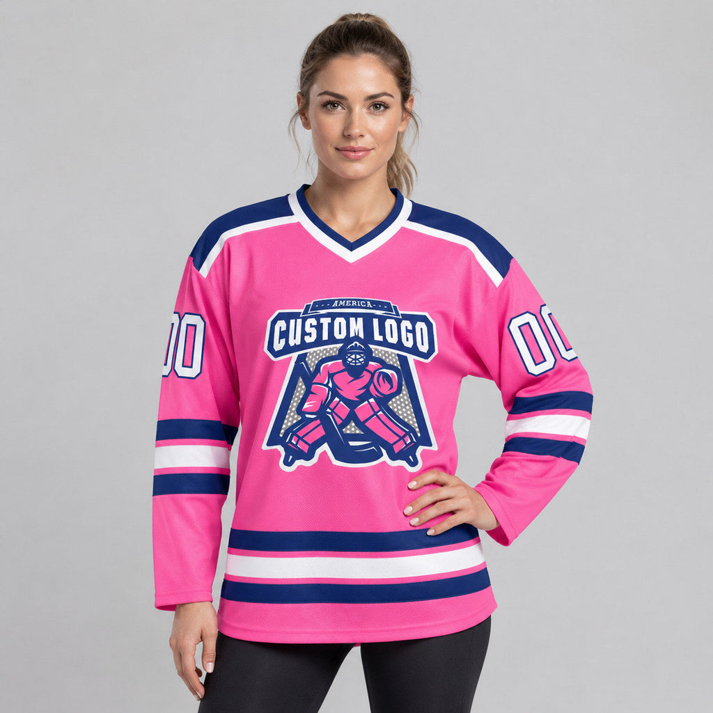 Custom Pink Hockey Jersey with White and Royal Lettering worn by female model
