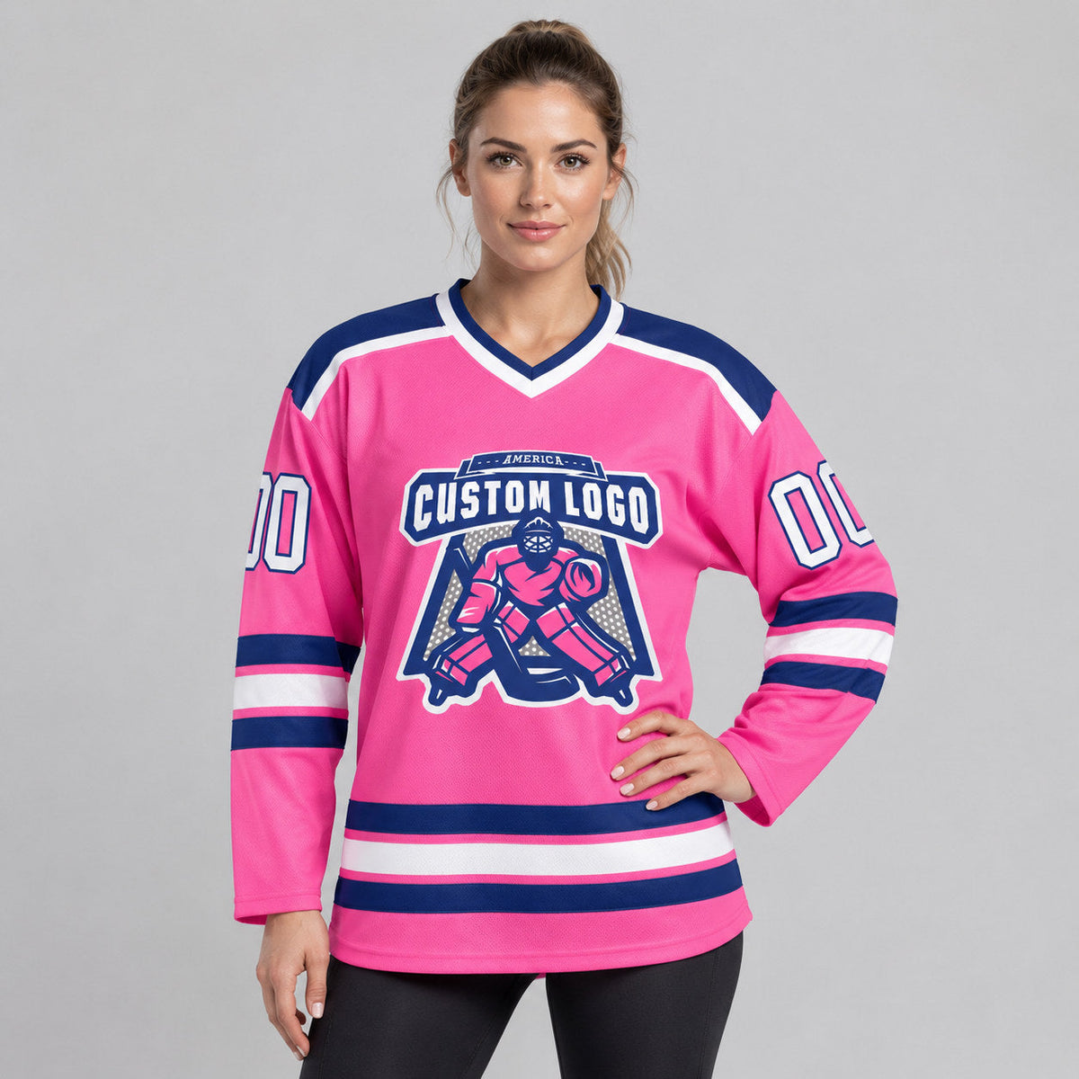 Custom Pink Hockey Jersey with White and Royal Lettering worn by female model
