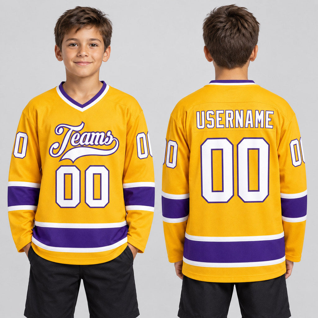 Custom Gold Hockey Jersey with White and Purple Lettering youth size worn by child model