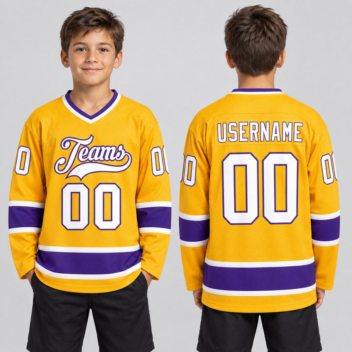 Custom Gold Hockey Jersey with White and Purple Lettering youth size worn by child model