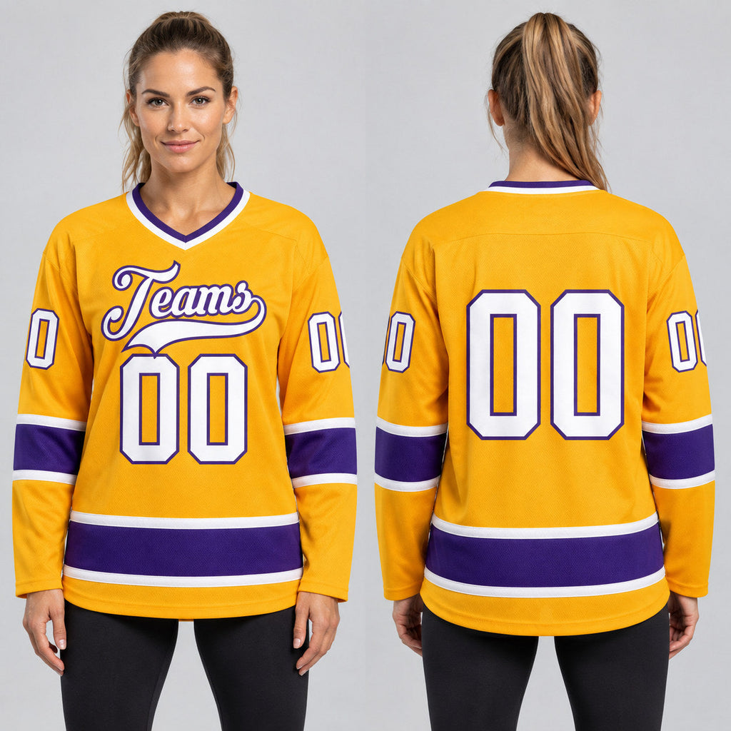 Custom Gold Hockey Jersey with White and Purple Lettering worn by female model