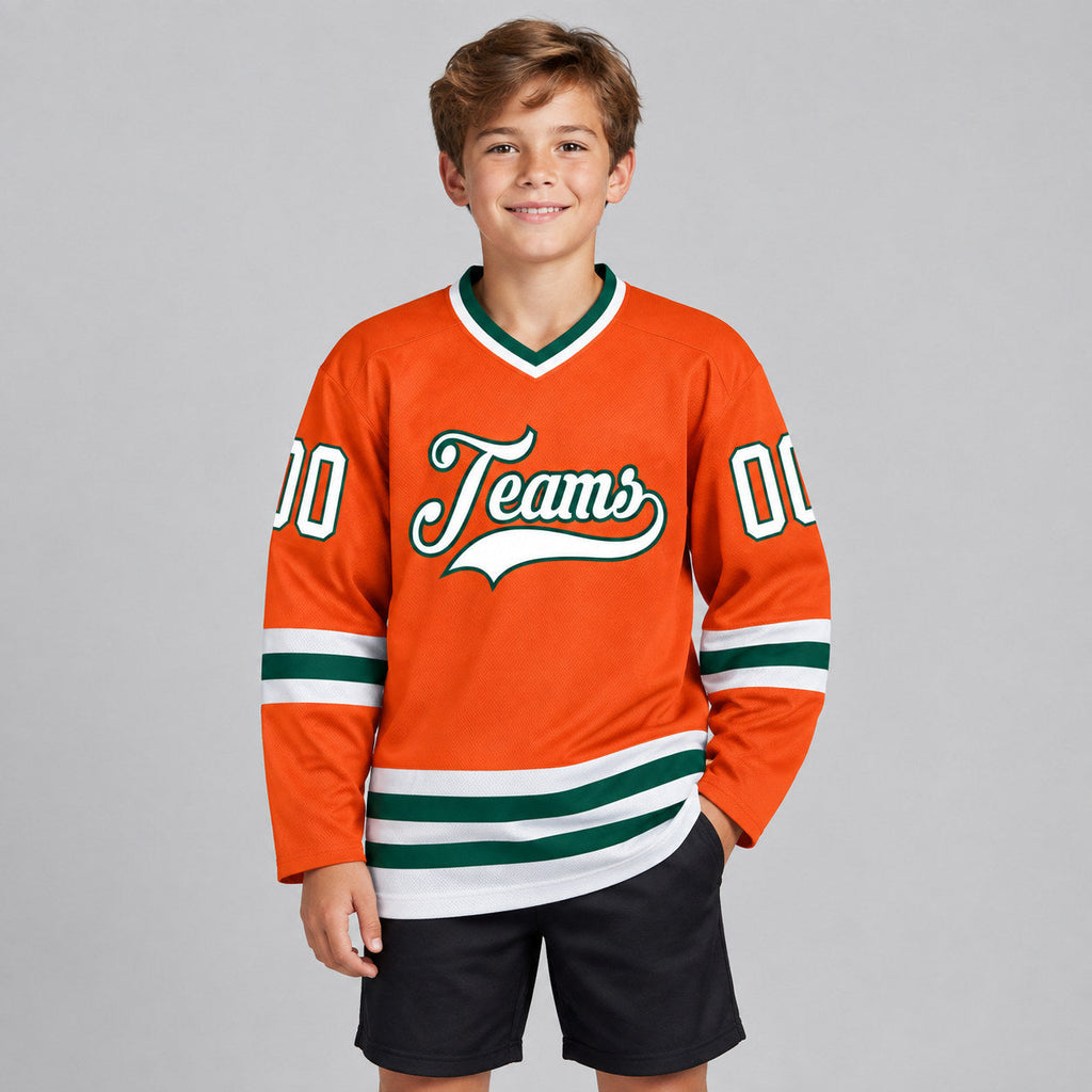 Custom Orange Hockey Jersey with White and Green Lettering Design 0147 youth size worn by child model