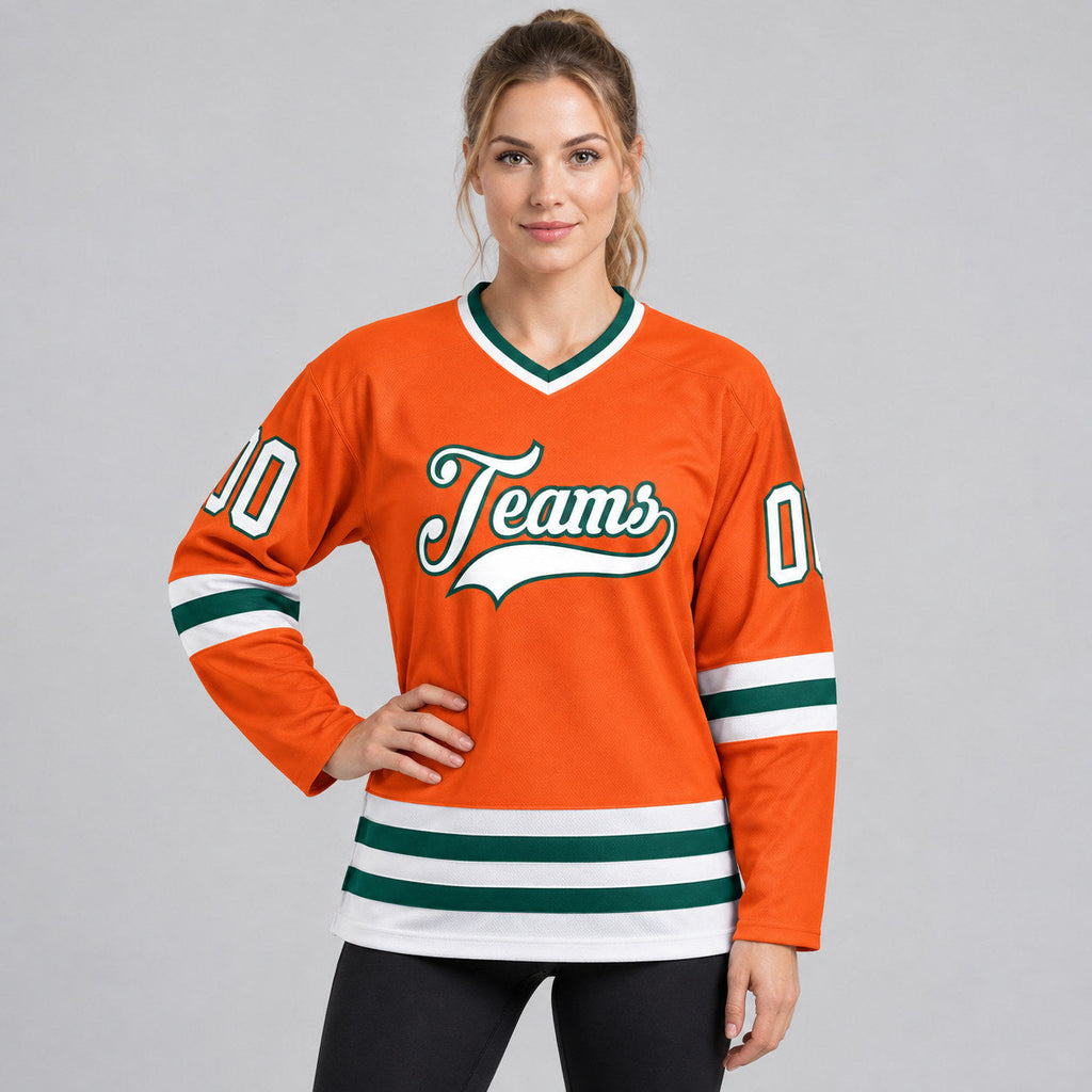 Custom Orange Hockey Jersey with White and Green Lettering Design 0147 worn by female model