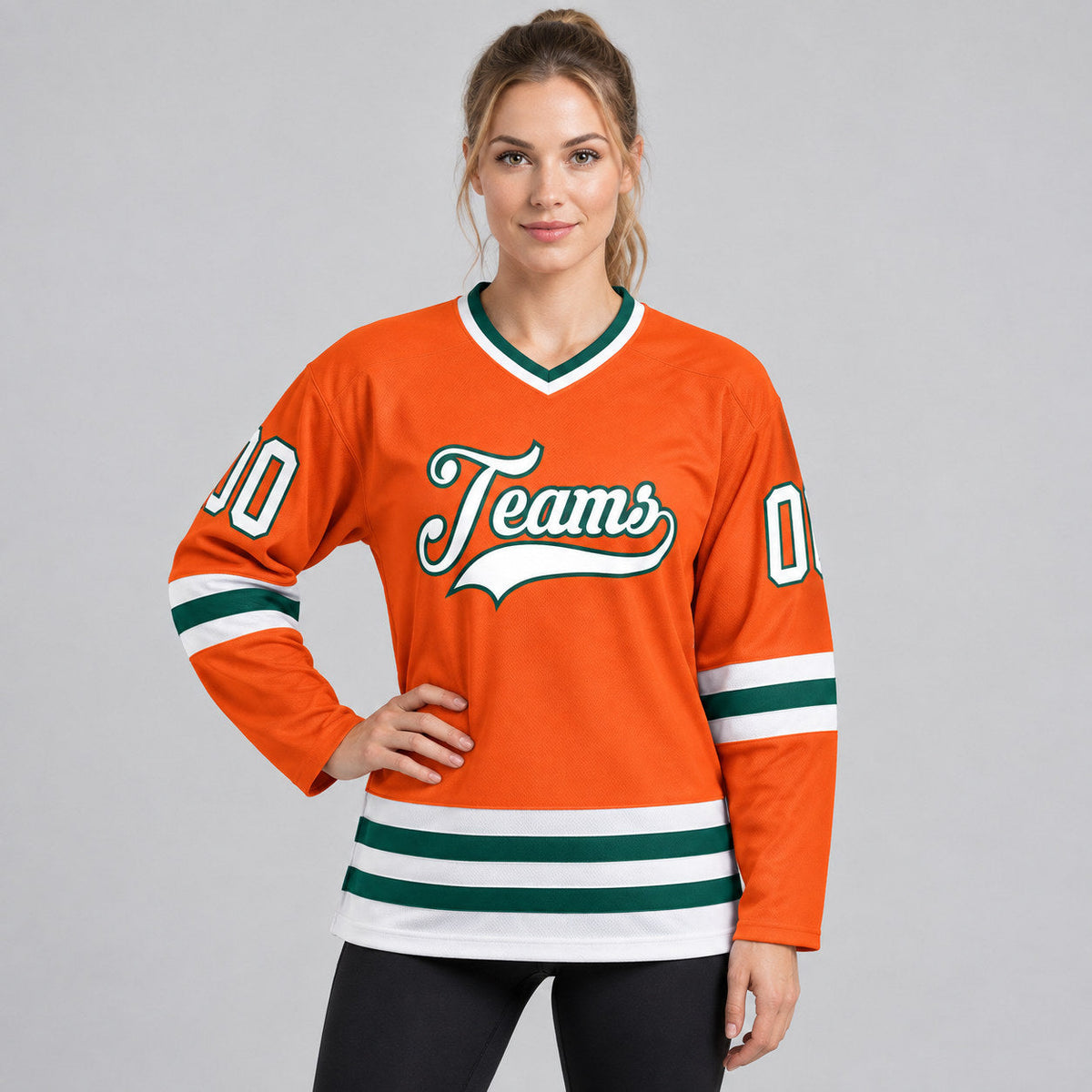 Custom Orange Hockey Jersey with White and Green Lettering Design 0147 worn by female model