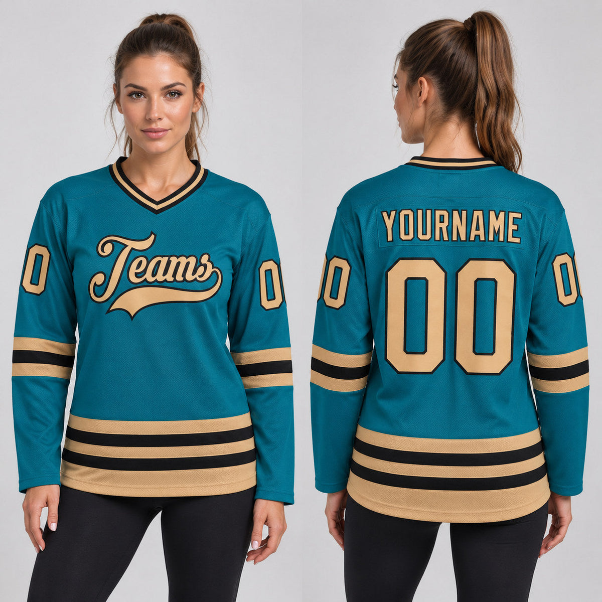 Custom Teal Hockey Jersey with Old Gold and Black Lettering worn by female model