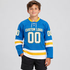 Custom Blue Lace Neck Hockey Jersey with White and Yellow Lettering Design 0248 youth size worn by child model