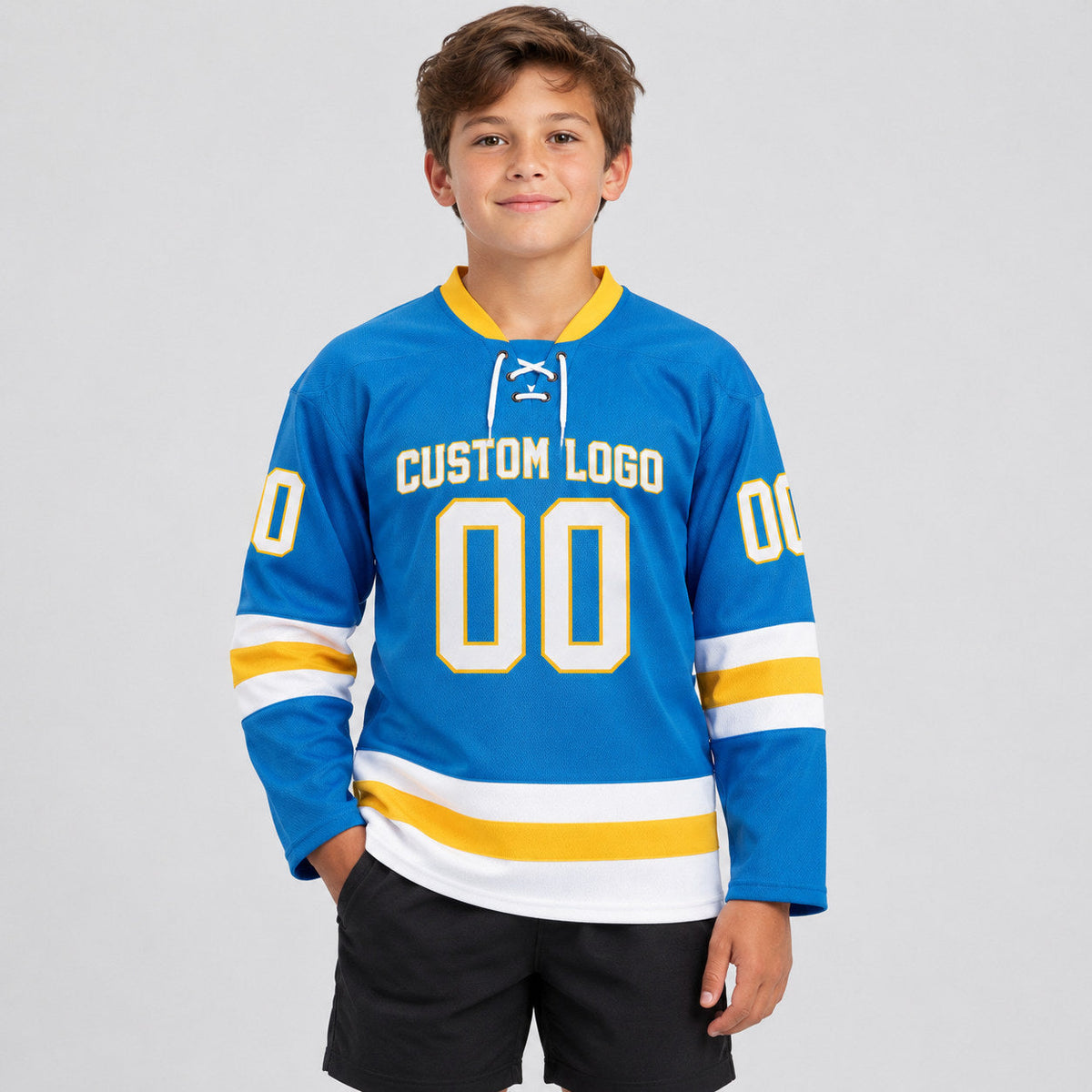 Custom Blue Lace Neck Hockey Jersey with White and Yellow Lettering Design 0248 youth size worn by child model
