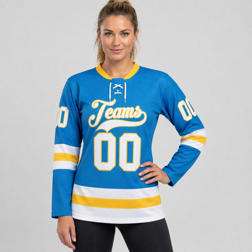 Custom Blue Lace Neck Hockey Jersey with White and Yellow Lettering Design 0248 worn by female model