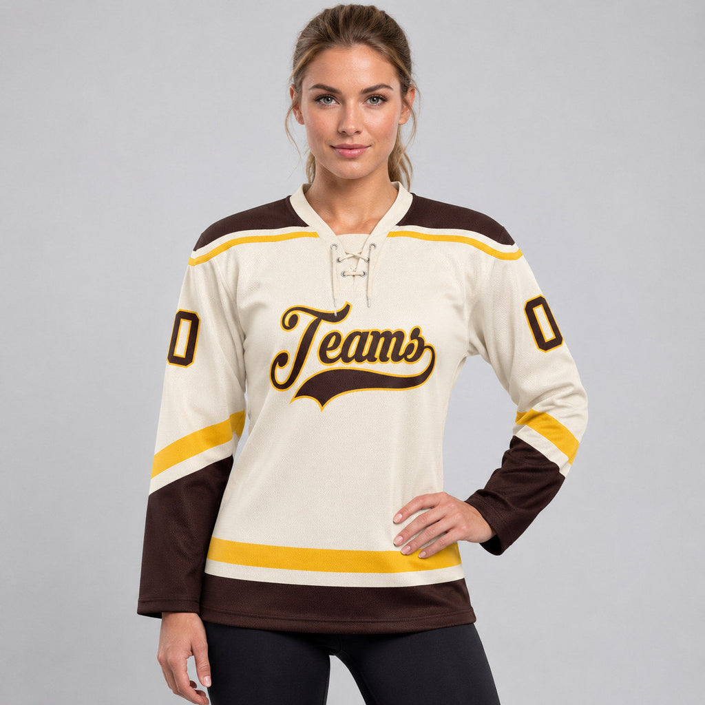 Custom Cream Lace Neck Hockey Jersey with Brown and Gold Lettering worn by female model