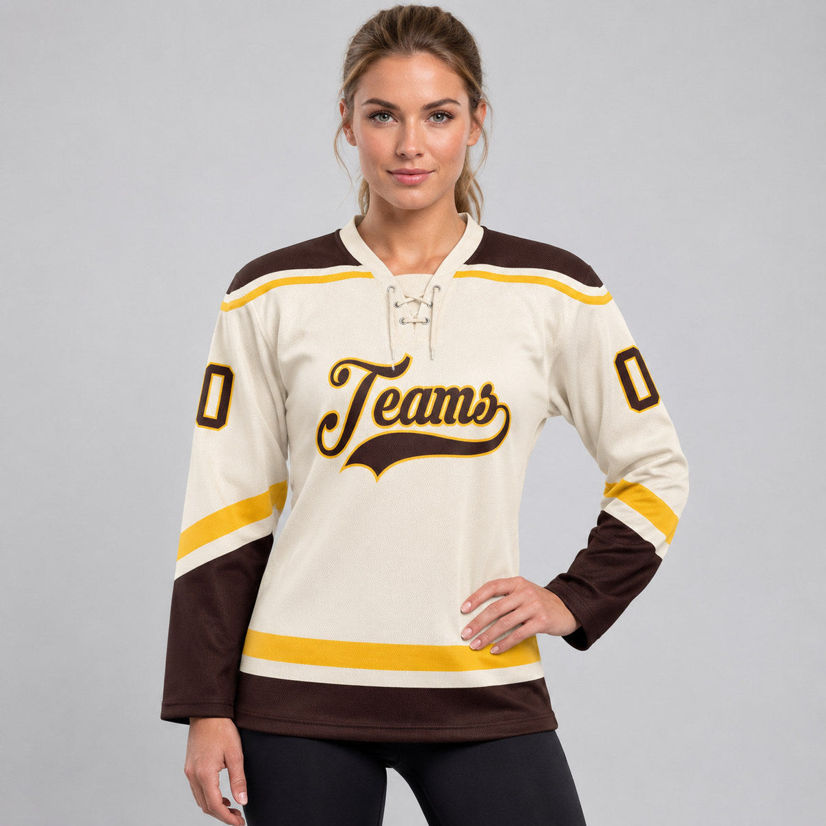 Custom Cream Lace Neck Hockey Jersey with Brown and Gold Lettering worn by female model