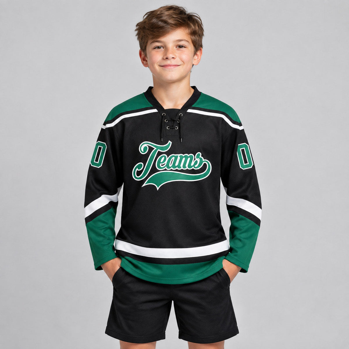 Custom Black Lace Neck Hockey Jersey with White and Kelly Green Lettering youth size worn by child model