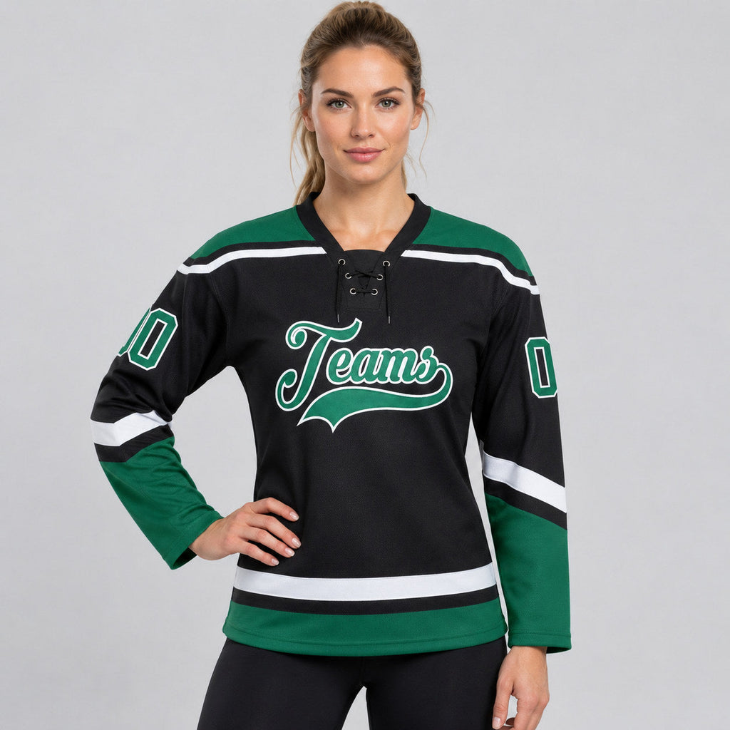 Custom Black Lace Neck Hockey Jersey with White and Kelly Green Lettering worn by female model