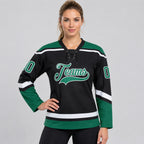 Custom Black Lace Neck Hockey Jersey with White and Kelly Green Lettering worn by female model