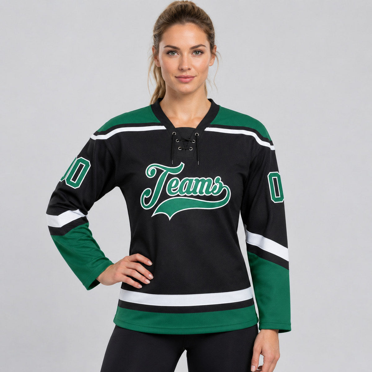 Custom Black Lace Neck Hockey Jersey with White and Kelly Green Lettering worn by female model