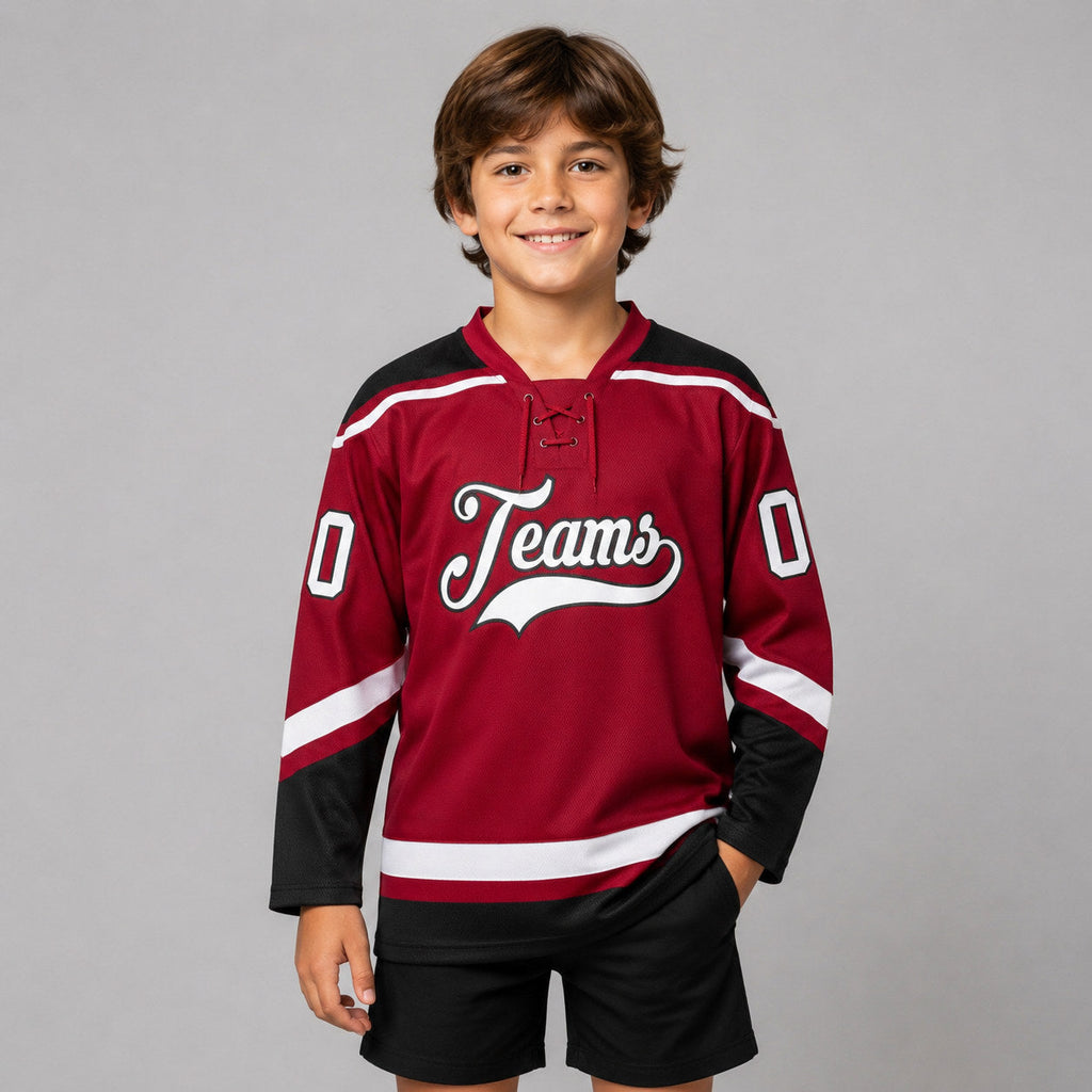 Custom Maroon Lace Neck Hockey Jersey with White and Black Lettering youth size worn by child model
