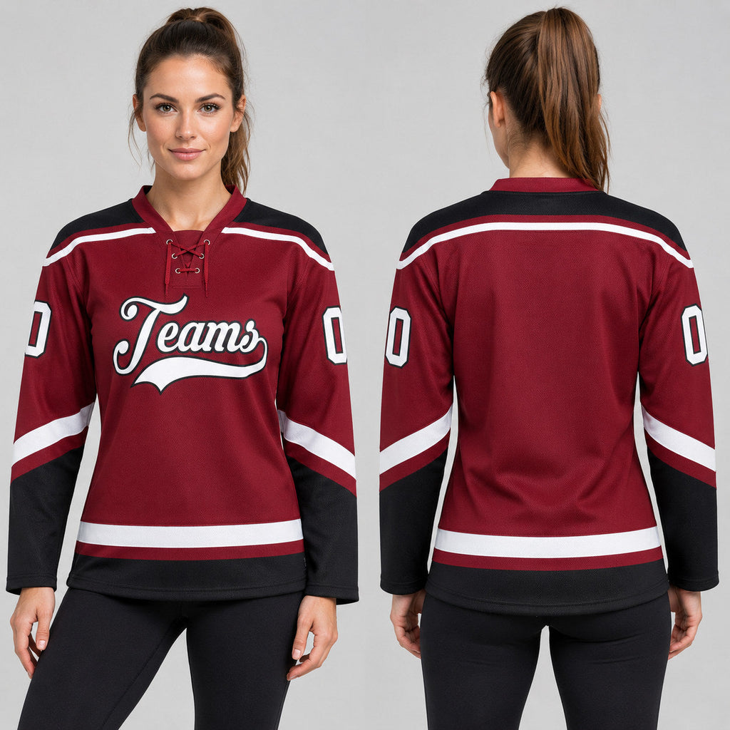 Custom Maroon Lace Neck Hockey Jersey with White and Black Lettering worn by female model