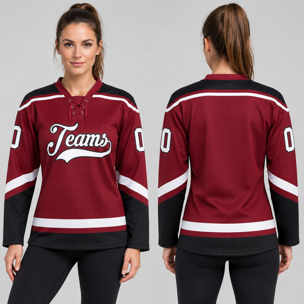 Custom Maroon Lace Neck Hockey Jersey with White and Black Lettering worn by female model