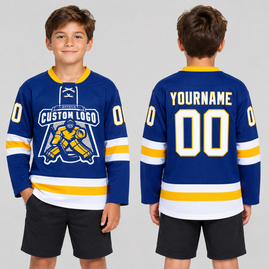 Custom Royal Lace Neck Hockey Jersey with White and Gold Lettering youth size worn by child model