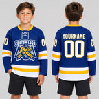Custom Royal Lace Neck Hockey Jersey with White and Gold Lettering youth size worn by child model