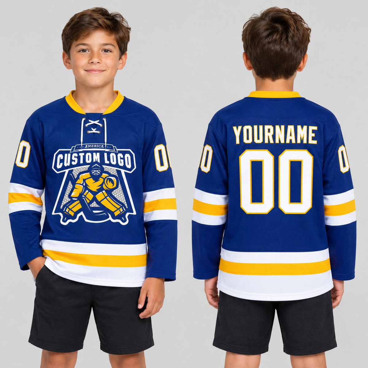 Custom Royal Lace Neck Hockey Jersey with White and Gold Lettering youth size worn by child model
