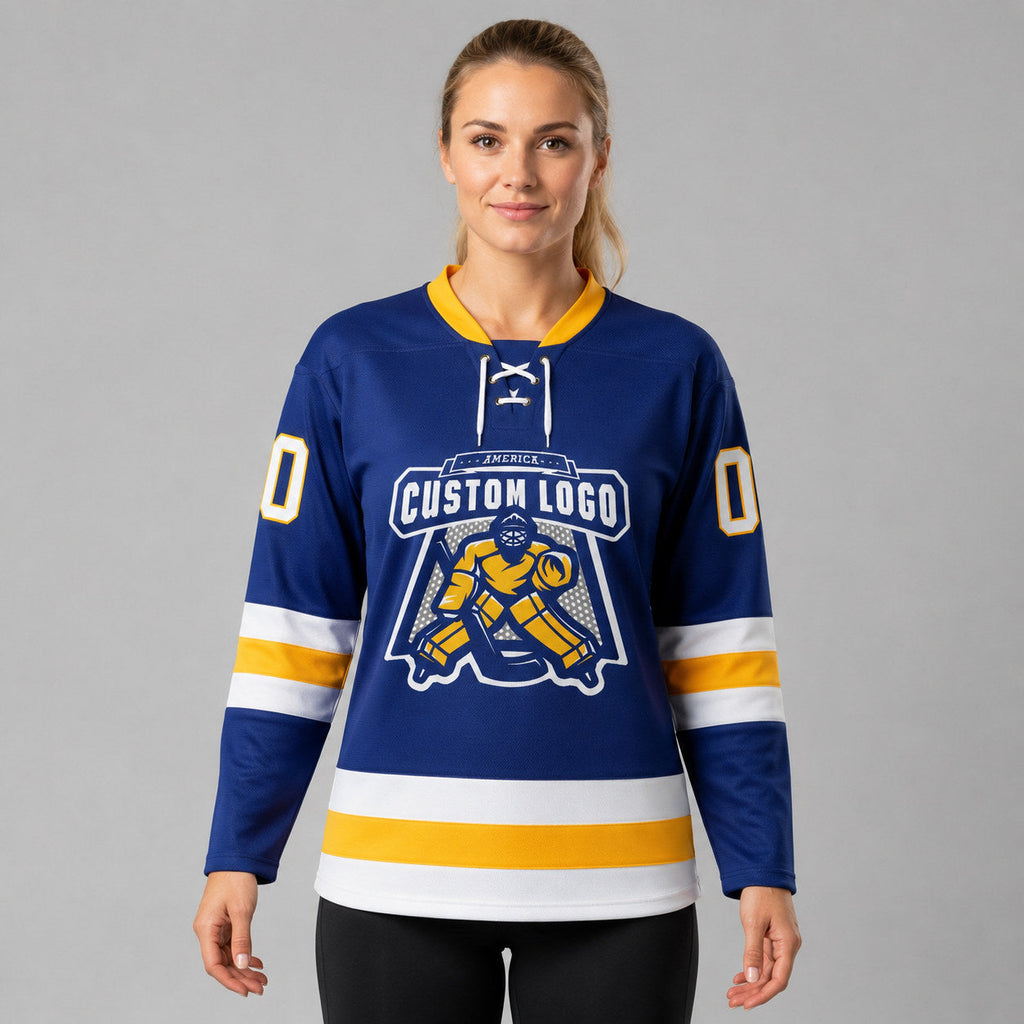 Custom Royal Lace Neck Hockey Jersey with White and Gold Lettering worn by female model