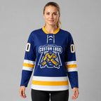 Custom Royal Lace Neck Hockey Jersey with White and Gold Lettering worn by female model
